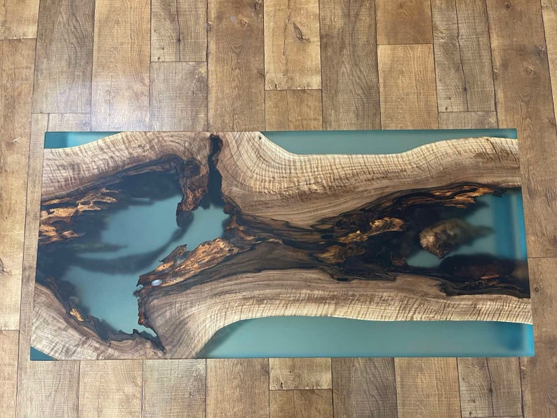 Waterfall river table made of Walnut wood and turquoise epoxy resin Blue coffee table Finished with Osmo wax oil Epoxy/ image 6