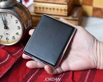 Never used=Vintage Metal and Black Leather Cigarette Case//Tobacco Cigarette Case/Smoking Accessory/Old cigarette box/Cigarette Box Holder//