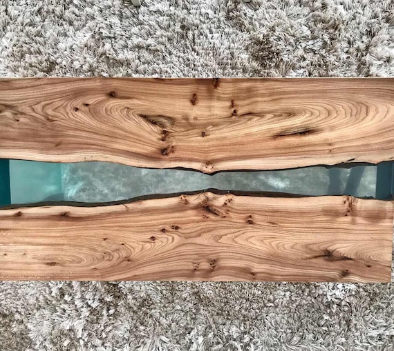 Waterfall River Table Made of Elm Wood and Turquoise Epoxy Resin