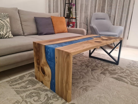 Waterfall river table made of Walnut wood and Blue epoxy resin / Blue coffee table Finished with Osmo oil