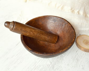 Vintage wooden mortar and pestle//Antique Wood Mortar Pestle/vintage pestle mortar/Primitive Hand Carved Bowl/old mortar//Rustic Home Decor