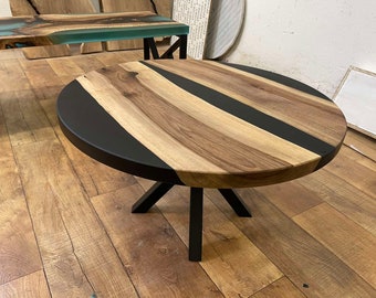 Available=Round epoxy resin walnut/coffee river table black live edge/resin table//Finished with Osmo wax oil//New resin tab