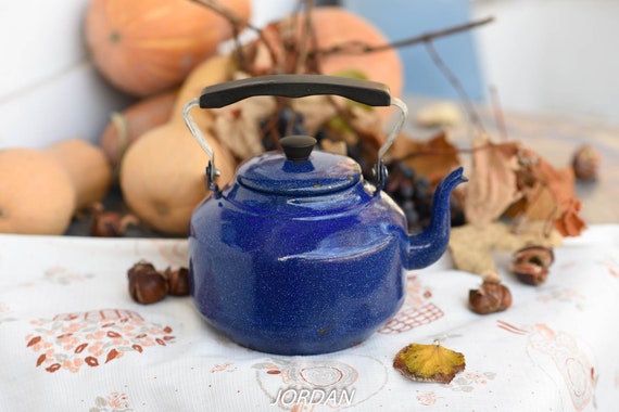 Vintage Small Blue Tea Kettle, Blue Enamelware, Tea Kettle