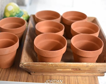 May include: A wooden tray with eight terracotta flower pots. The pots are arranged in two rows of four. The tray is made of natural wood and has a rustic look.