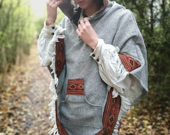 PONCHO Shire Jedi gris, doux, chaud, taille libre, capuche, mode festival