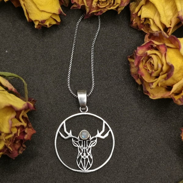 Moon Stone Stag Head - FAUX SILVER PENDANT celtic pagan bohemian druid jewellery