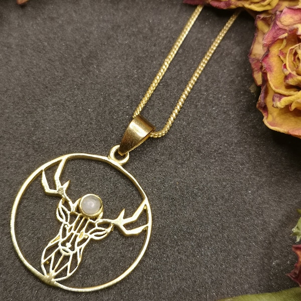 Moon Stone Stag Head - BRASS PENDANT celtic pagan bohemian druid jewellery
