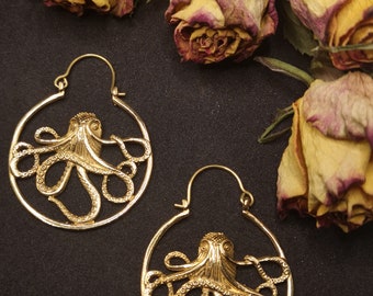 Octopus Hoops - BRASS EARRINGS - Medieval - Viking Jewellery -