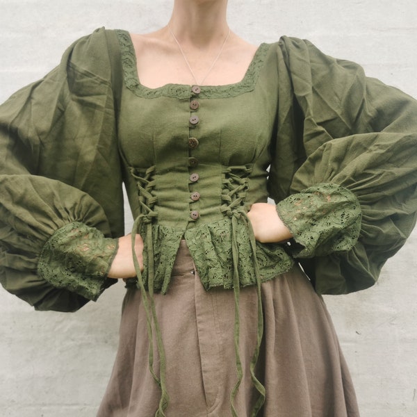 Tudor Top Green - Renaissance Medieval Cottage core Witch