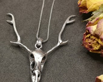 Bird skull & Doe Antlers - FAUX SILVER PENDANT celtic pagan bohemian druid jewellery