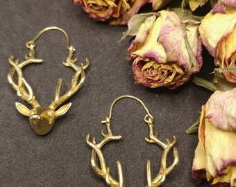 Deer Head Hoops - BRASS EARRINGS - boho fashion - Medieval - Viking Jewellery -