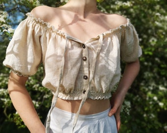 Beatrice Bardot Top – Schulterfreie Crop-Top-Bluse mit Rüschen