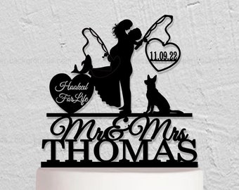 Fishing Wedding Cake Topper, Mr And Mrs Cake Topper With Name, Hooked For Life, Couple Cake Topper, Custom Cake Topper With Dog w211