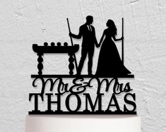 Billiards Wedding Cake Topper, Custom Cake Topper, Playing Pool Cake Topper, Mr And Mrs Cake Topper, Personalized Couple Cake Topper  w233