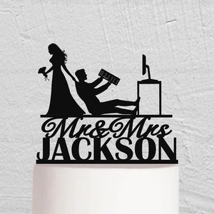Computer Cake Topper, Programmer Wedding Cake Topper, Bride Dragging Groom Cake Topper, Computer Theme Decor, Custom Cake Topper w283