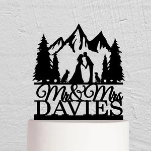 Mountain Wedding Cake Topper, Personalized Cake Topper, Outdoor Cake Topper With Dog, HIking Cake Topper,  Mr And Mrs Cake Topper w230