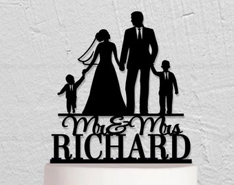 Family Wedding Cake Topper, Custom Cake Topper, Mr And Mrs Cake Topper, Bride And Groom Cake Topper, Couple Cake Topper with Children w212