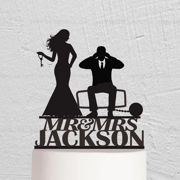 Iron Ball And Chain Wedding Cake Topper, Funny Cake Topper, Personalized Couple Cake Topper With Last Name, Mr And Mrs Cake Topper w228