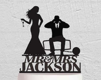 Iron Ball And Chain Wedding Cake Topper, Funny Cake Topper, Personalized Couple Cake Topper With Last Name, Mr And Mrs Cake Topper w228