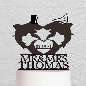 Shark Wedding Cake Topper - Animal Theme Cake Topper - Marine Animal Cake Topper - Bride And Groom Mr And Mrs Cake Topper  w203
