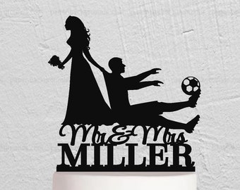 Football Player Cake Topper, Football Wedding Cake Topper, Bride Dragging Groom Cake Topper, Football Theme Decor, Couple Cake Topper w275