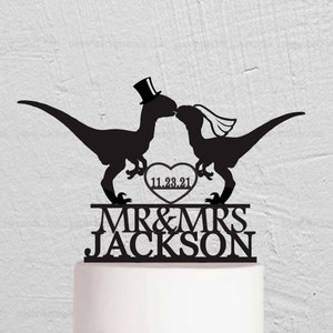 Dinosaur Wedding Cake Topper - Deinonychus Cake Topper - Jurassic Park Cake Topper - Mr And Mrs Cake Topper W202