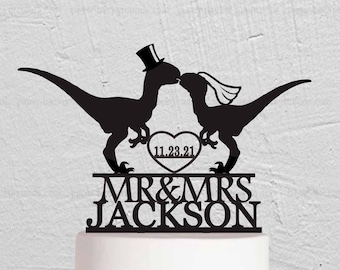Dinosaur Wedding Cake Topper - Deinonychus Cake Topper - Jurassic Park Cake Topper - Mr And Mrs Cake Topper W202