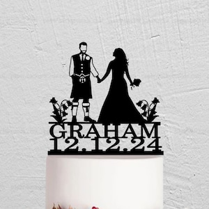 Personalised scottish wedding cake topper, Groom in kilt cake topper, Mr and Mrs topper for wedding, Couple Cake Topper w302