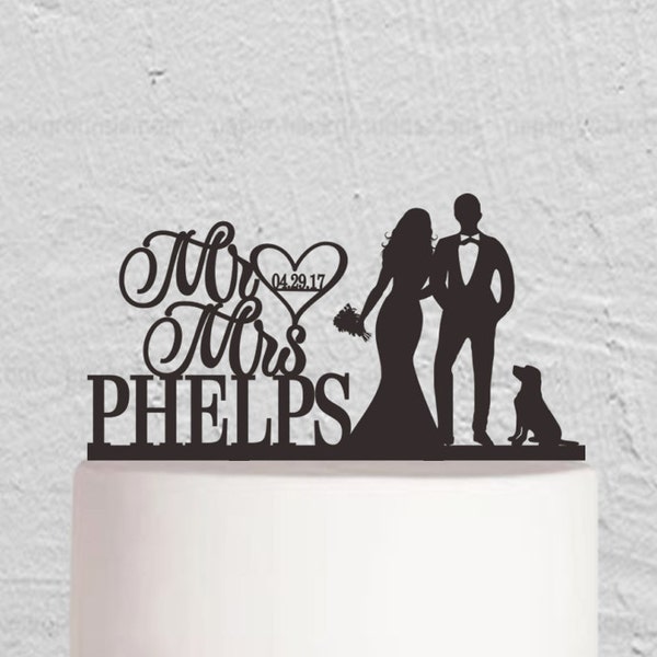 Wedding Cake Topper,Mr And Mrs Cake Topper,Bride And Groom Cake Topper,Couple Cake Topper with Dog ,Custom Cake Topper