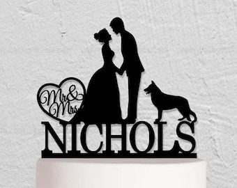 Wedding Cake Topper,Couple Cake Topper,Bride And Groom Cake Topper With Dog,Rustic Cake Topper,Custom Cake Topper,Last Name Cake Topper