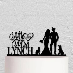 Police Officer Groom & Bride Cake Topper,Uniform Cake Topper,Mr And Mrs Cake Topper,Custom Cake Topper With Dogs, Dog Cake Topper
