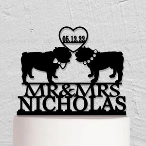 English Bulldog Wedding Cake Topper - Personalized Dog Cake Topper With Surname - Couple Cake Topper - Mr And Mrs Cake Topper W243