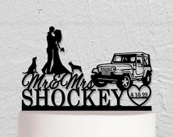 Off Road Wedding Cake Topper, Vehicle Cake Topper, Mr And Mrs Cake Topper, Bride And Groom Topper, Custom Cake Topper With Dog w210