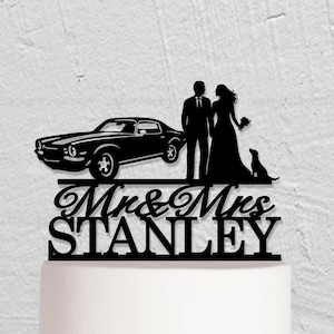 Classic Car Wedding Cake Topper, Mr And Mrs Cake Topper With Dog, Custom Muscle Car Cake Topper, Bride And Groom Cake Topper w215
