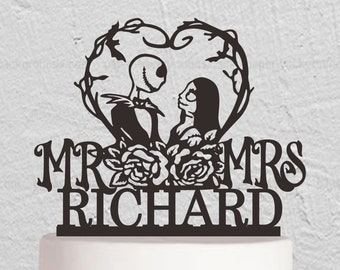 Jack and Sally Cake Topper, Wedding Cake Topper,Halloween Wedding,Nightmare Before Christmas Themed,Custom Mr and Mrs Cake Topper