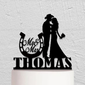 Cowboy Wedding Cake Topper, Custom Cake Topper With Horseshoe, Personalized Cake Topper, Couple Cake Topper, Mr And Mrs Cake Topper w235