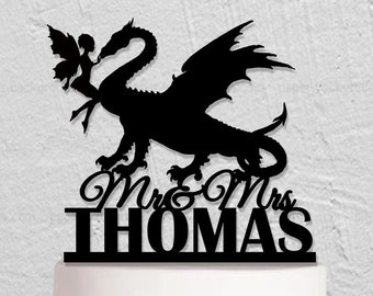 Dragon And Fairy Wedding Cake Topper, Custom Cake Topper, Bride And Groom Cake Topper, Surname Cake Topper, Wedding Decor w232