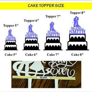 May include: A guide to cake topper sizes for different sized cakes. The image shows a silhouette of a cake with a topper on top. The topper is a couple holding hands with the text "Mr & Mrs Smith" in purple. The cake sizes are 5 inches, 6 inches, 7 inches, and 8 inches. The image also shows a close-up of a cake topper with the text "Always & Forever" and a ruler measuring the width of the topper.