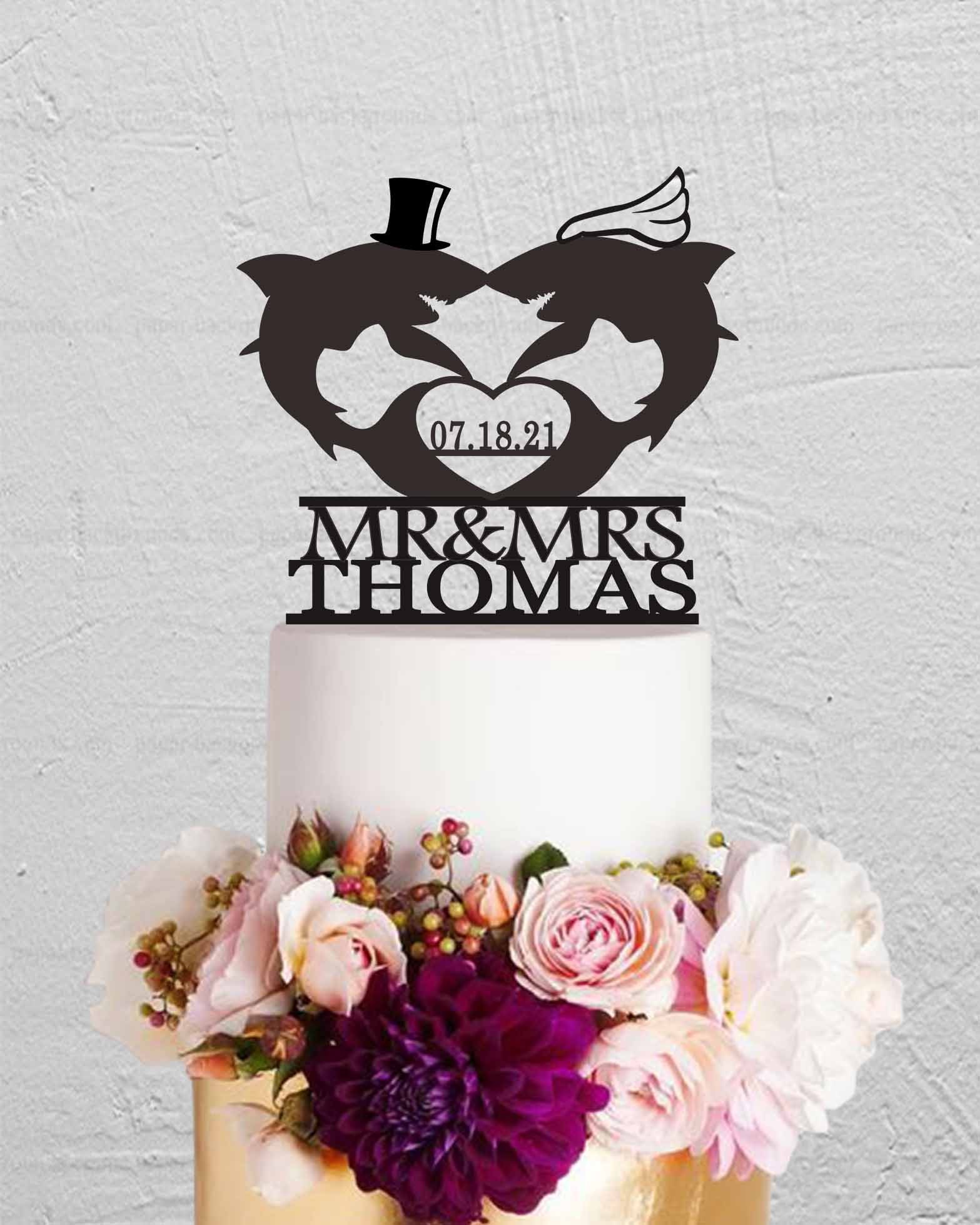 Shark Wedding Cake Topper - Animal Theme Cake Topper - Marine Animal Cake Topper - Bride And Groom Mr And Mrs Cake Topper w203