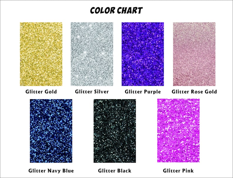 May include: Color chart showing different glitter colors: gold, silver, purple, rose gold, navy blue, black, and pink.
