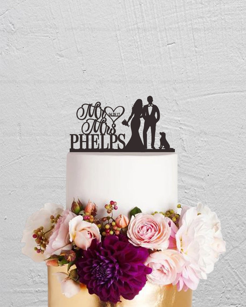 Wedding Cake Topper,Mr And Mrs Cake Topper,Bride And Groom Cake Topper,Couple Cake Topper with Dog ,Custom Cake Topper image 1