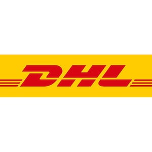 May include: A yellow and red logo with the word "DHL" in red letters. The logo has three thin red stripes on each side.