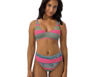 FREE SHIPPING: Pink and Multi coloured stripey Recycled high-waisted bikini