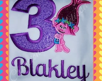 Poppy Troll 3rd Birthday Shirt/ Trolls Birthday Shirt/ Poppy Troll/ 3rd birthday/ Trolls applique birthday shirt/ Number 1-9 Available