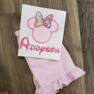 Girls Minnie Mouse Seersucker Shorts Outfit/ Minnie Mouse Shorts Outfit/ Girls Seersucker Outfit/Girls Seersucker Outfit/Girls Ruffle Shorts