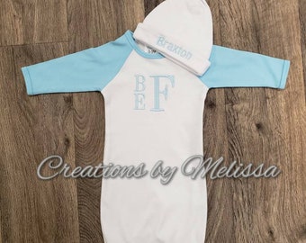 Monogrammed Baby Gown/ Baby Gown with Hat/ Baby Gown/ Monogrammed Baby Gift/ Baby Boy Coming Home Outfit