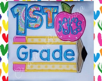 1st grade Back to School shirt/ Monogrammed apple and pencil design/ 1st day of school shirt