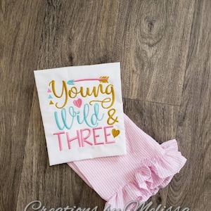 Young Wild and Three Birthday Outfit/ Girls Birthday Outfit/ Seersucker Birthday Outfit/ Young Wild and Three Birthday Shirt