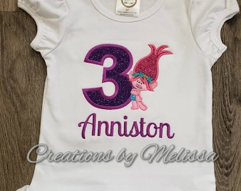 Poppy Troll 3rd Birthday Shirt/ Trolls Birthday Shirt/ Poppy Troll/ 3rd birthday/ Trolls applique birthday shirt/ Number 1-9 Available