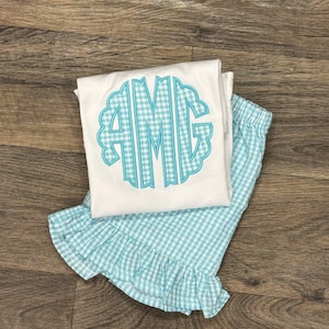 Girls Monogram Shirt and Ruffle Shorts/ Ruffle Gingham Shorts/Personalized Shirt/ Girls Outfit/Summer Girls Outfit